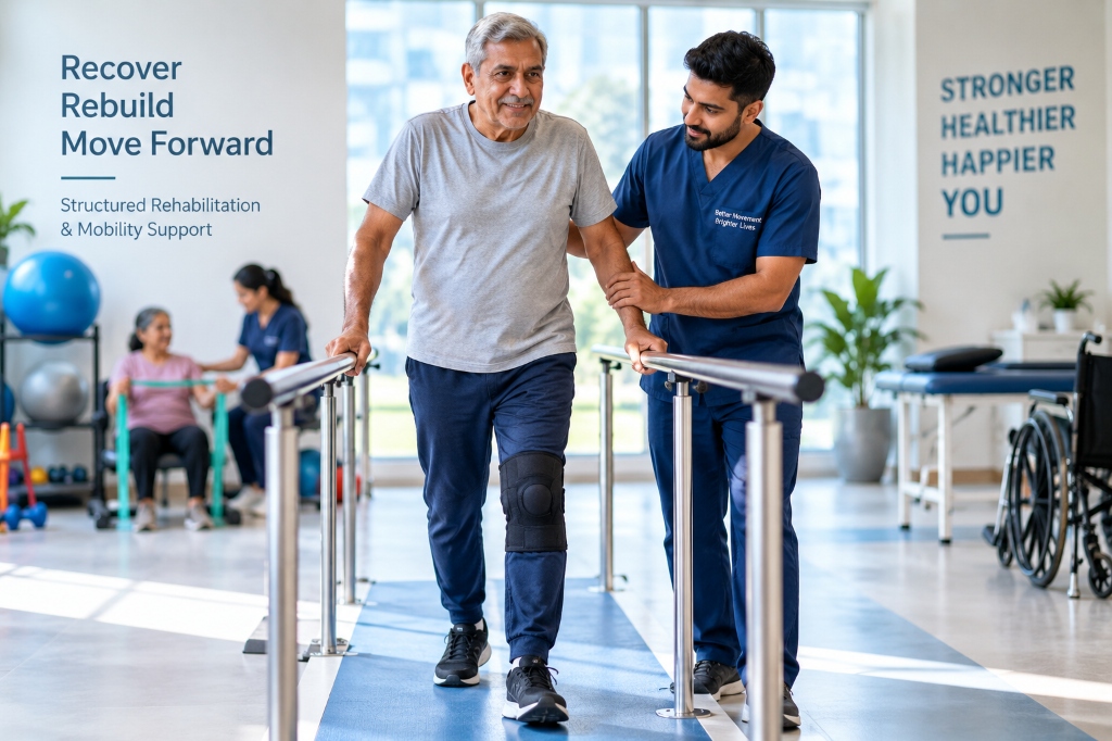 Recover Rebuild Move Forward - Structured post-operative guided physical rehabilitation and mobility support with parallel walking bars
